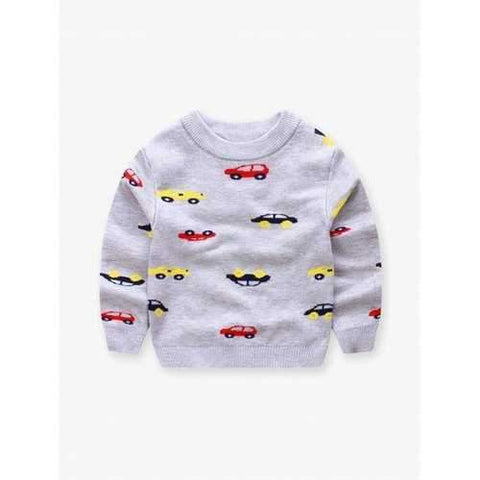 Cute Cartoon Car Jacquard Round Neck Sweater - Gray 130