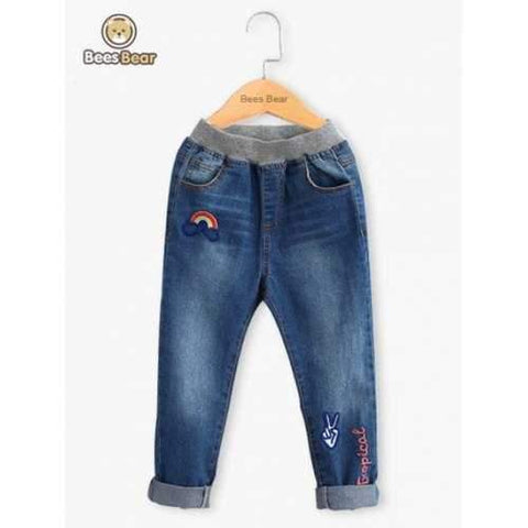 Elastic Waist Embroidered Boys Jeans - Deep Blue Child-10