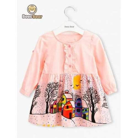 Long  Sleeve Cartoon House Print Flounce Dress - Pink Child-6