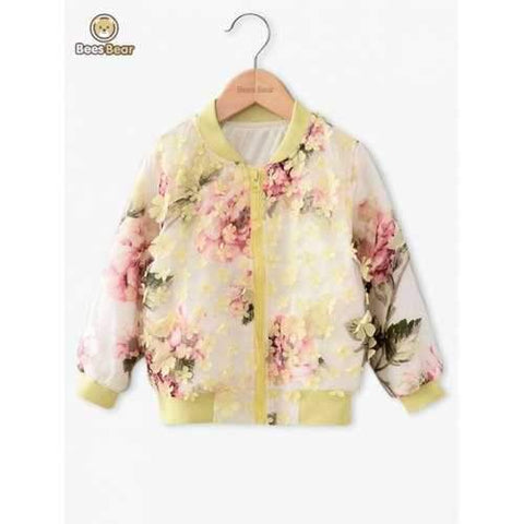 Sweet 3D Floral Design Zipper Fly Girl's Jacket - Yellow Child-2