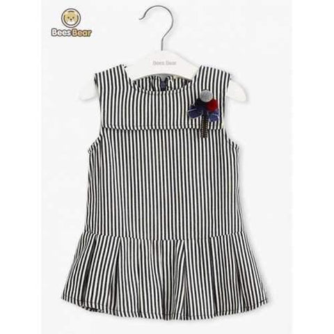 Cute Striped Bowknot Embellished Pleated Dress - Black Child-2