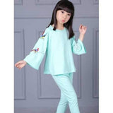 Casual Girl's Embroidered T-Shirt + Pants Twinset - Green 110