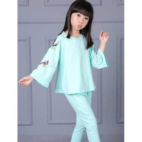 Casual Girl's Embroidered T-Shirt + Pants Twinset - Green 110