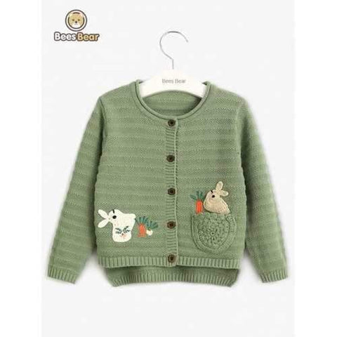 Girls Long Sleeve Rabbit Embroidered High Low Cardigan - Green Child-4