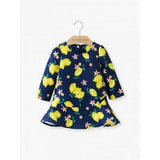 Long Sleeve Lemon Print Flounce Dress - Purplish Blue 140