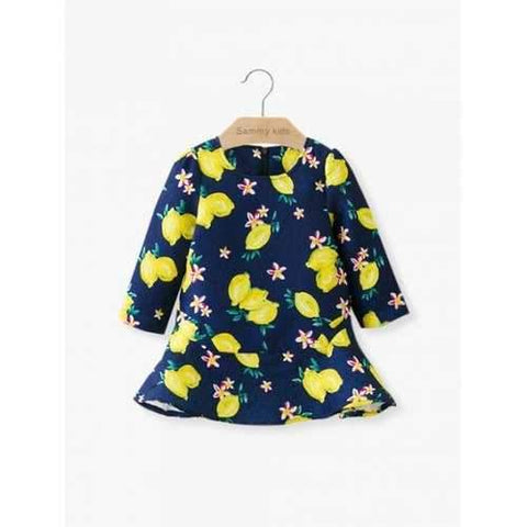 Long Sleeve Lemon Print Flounce Dress - Purplish Blue 140