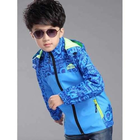Boy's Hooded Letter Print Waterproof Jacket - Blue 120