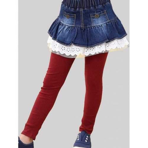 Lace Crochet-Trim Denim Skirt Leggings - Blue 140