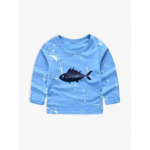 Fish Print Long Sleeve T-Shirt - Blue 100
