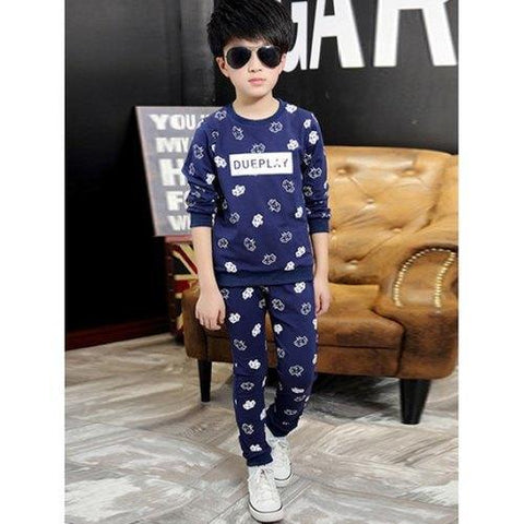 Long Sleeve Mushroom Cloud Print Sweatshirt + Pants Boy's Twinset - Cadetblue 160