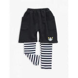 Cute Dog Embroidered Faux Twinset Striped Pants For Girl - Black 140