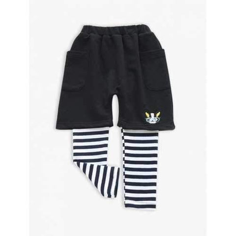 Cute Dog Embroidered Faux Twinset Striped Pants For Girl - Black 140