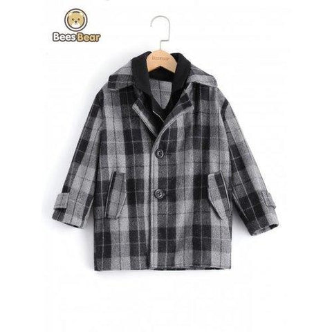 Stylish Two Button Design Plaid Furcal Wool Coat For Boy - Gray Child-5