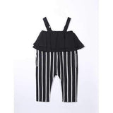Flounce Embellished Striped Suspender Jumpsuits - Black 120