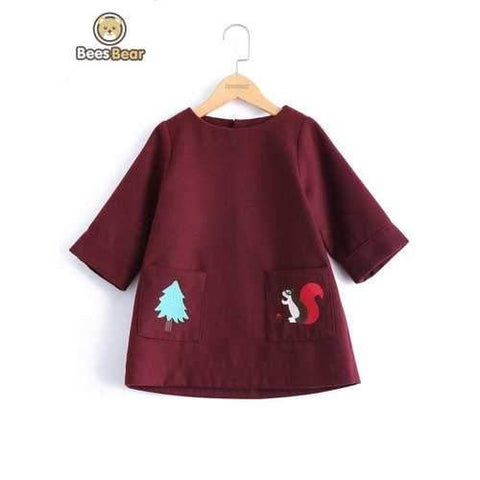 Stylish Pocket Design Embroidered Shift Dress For Girl - Dark Red Child-5
