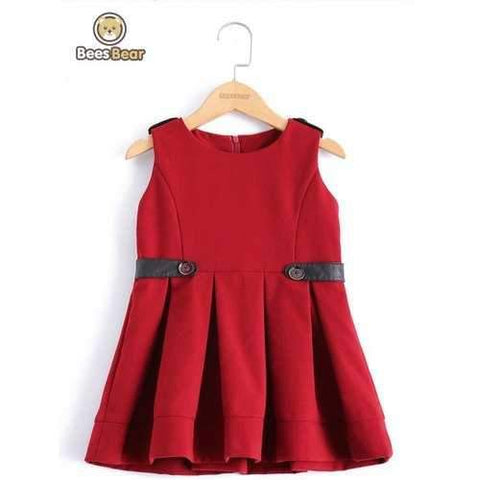 Stylish Faux Leather Pleated Wool Dress For Girl - Red Child-5