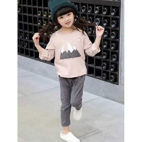 Cute Long Sleeve Mountain Pattern T-Shirt + Pants Girl's Twinset - Light Pink 160