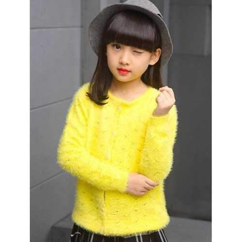 Girl's Solid Color Long Sleeve Cardigan - Yellow 130