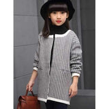 Girl's Long Sleeve Vertical Stripe Loose Fitting Coat - Gray 130