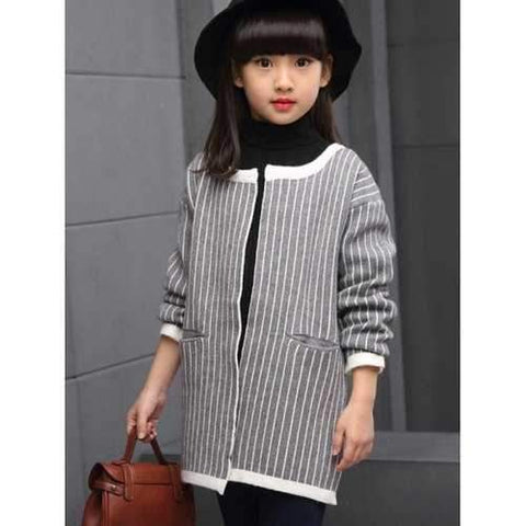 Girl's Long Sleeve Vertical Stripe Loose Fitting Coat - Gray 130