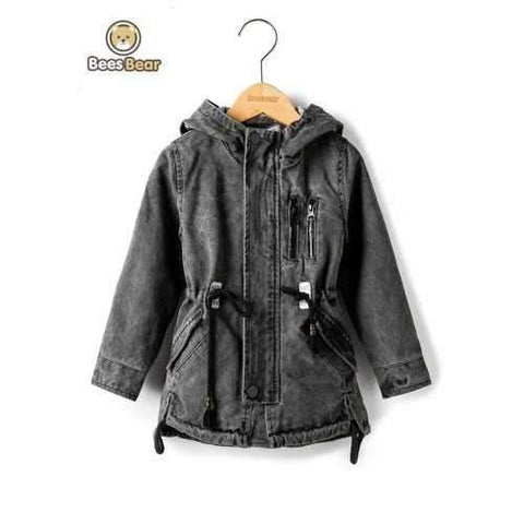 Stylish Hooded Pocket Design Drawstring Jacket - Gray Child-2