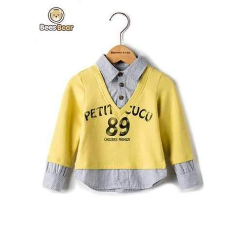 Stylish Spliced Letter Print Striped Shirt - Yellow Child-2