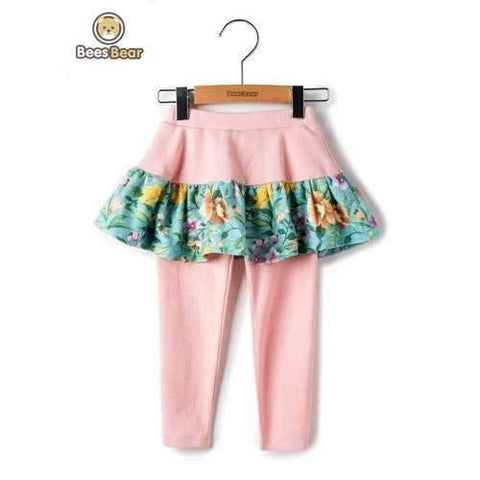 Stylish Elastic Waist Floral Print Faux Twinset Pants - Light Pink Child-2