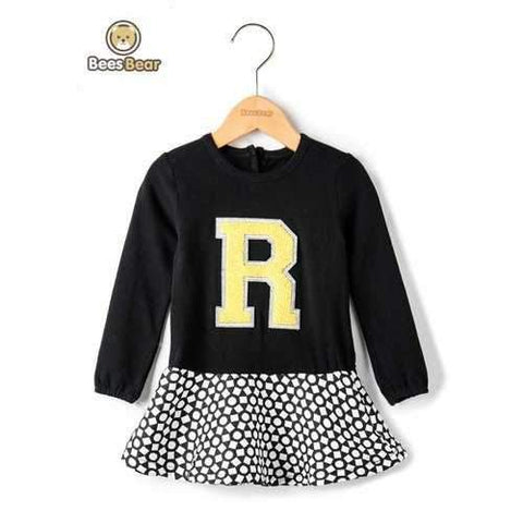 Stylish Long Sleeve Geometry Print Letter R Design Dress - Black Child-5