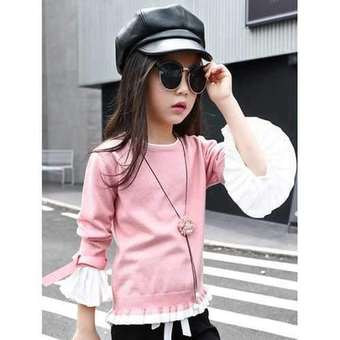 Cute Long Sleeve Ruffled Pullover Sweater - Pink 130