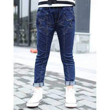 Elastic Waist Solid Color Star Pattern Jeans For Girl - Blue 160