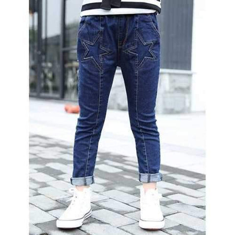 Elastic Waist Solid Color Star Pattern Jeans For Girl - Blue 160