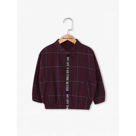 Stand Collar Latter Print Plaid Coat - Claret 120