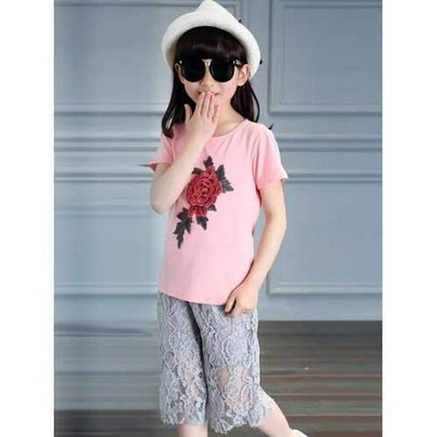 Short Sleeve Rose Print T-Shirt + Capri Lace Wide Leg Pants Girl's Twinset - Pink 130