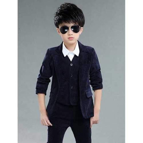 V-Neck Vest + Lapel Collar Blazer + Pants Corduroy Suit - Cadetblue 120