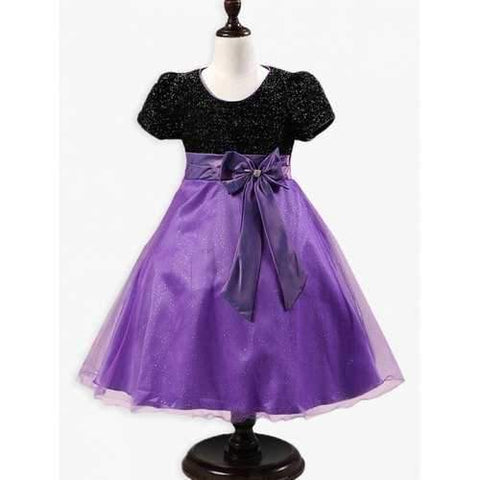 Color Splicing Sequin Bowknot Embellished Dress - Purple 140