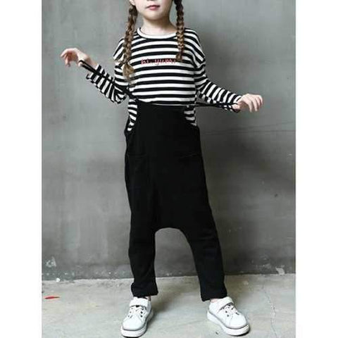 Striped T-Shirt + Spaghetti Strap Harem Jumpsuit Twinset - Black 110