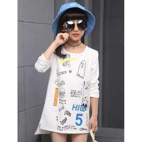 Side Slit Abstract Print Long Sleeve Dress - White 140