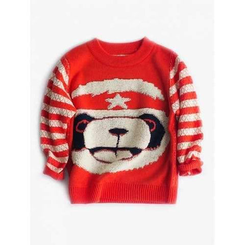 Striped Cartoon Panda Embellish Sweater - Red 120