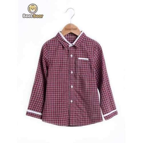 Checked Long Sleeve Pocket Design Shirt - Wine Red Child-5