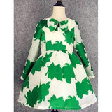 Long Sleeve Bowknot Design Leaf Print Dress - Green 110