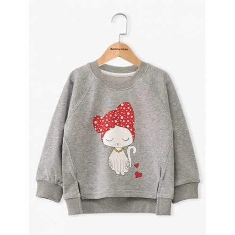 Cartoon Cat Print High Low Sweatshirt - Gray 100