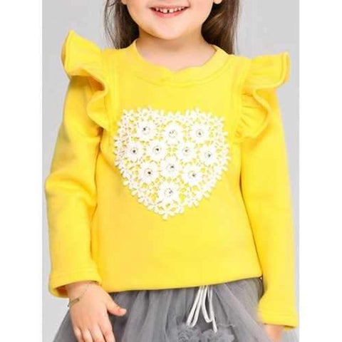Long Sleeve Heart Pattern Flounced Sweatshirt - Yellow 120
