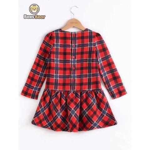 Long Sleeve Button Design Plaid Mini Dress - Red Child-5