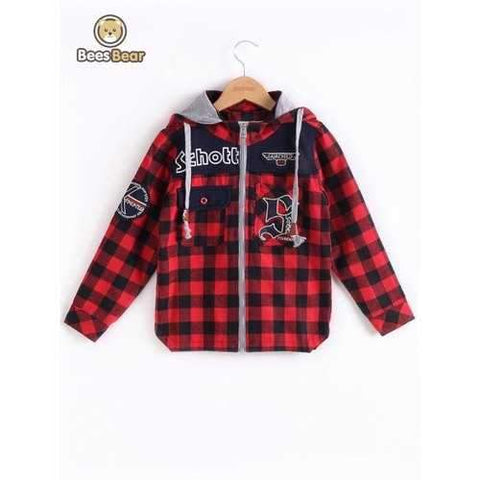 Hooded Plaid Label Spliced Coat - Red Child-6