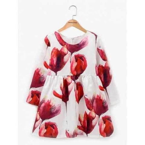 Flower Print Long Sleeves Dress - White 130
