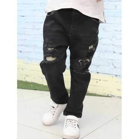 Elastic Waist Hole Jeans - Black 130