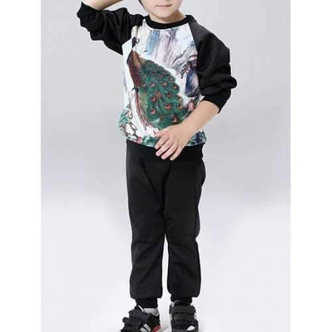 Peacock Print Long Sleeve Sweatshirt + Pants - Black 140