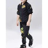Starry Sky Print Long Sleeve Baseball Jacket + Pants - Black 130