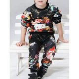 Floral Print Long Sleeve Sweatshirt + Pants - Black 130
