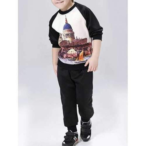 Castle Print Long Sleeve Sweatshirt + Pants - Black 140